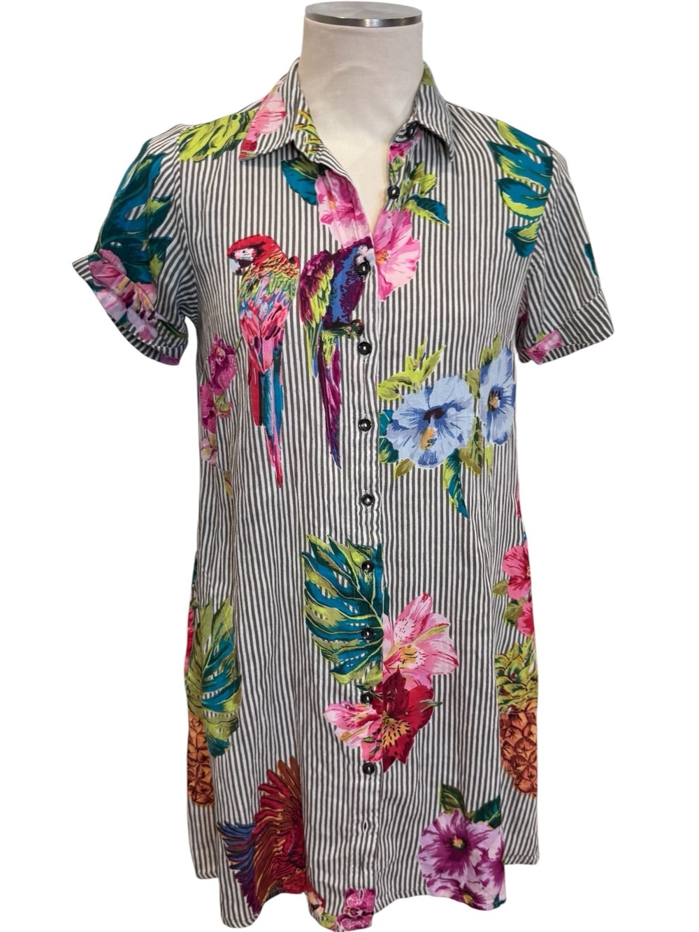 Tropical Parrot Shirt Dress Small Parsley & Sage Striped Floral Tunic Boho